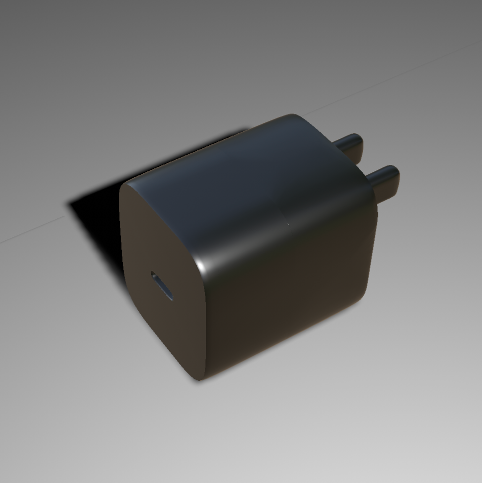 Completed Cinema 4D charger model rendered with lighting and shadows
