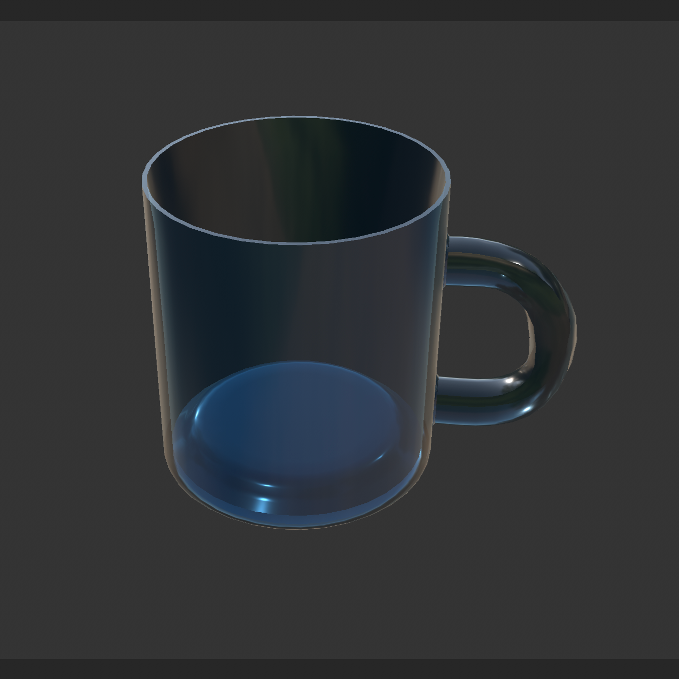 Final dark blue mug model with a rounded handle and reflective material